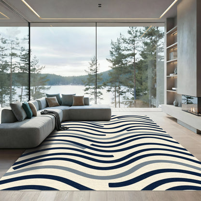 Navy Blue Gray Wave Lines Rug