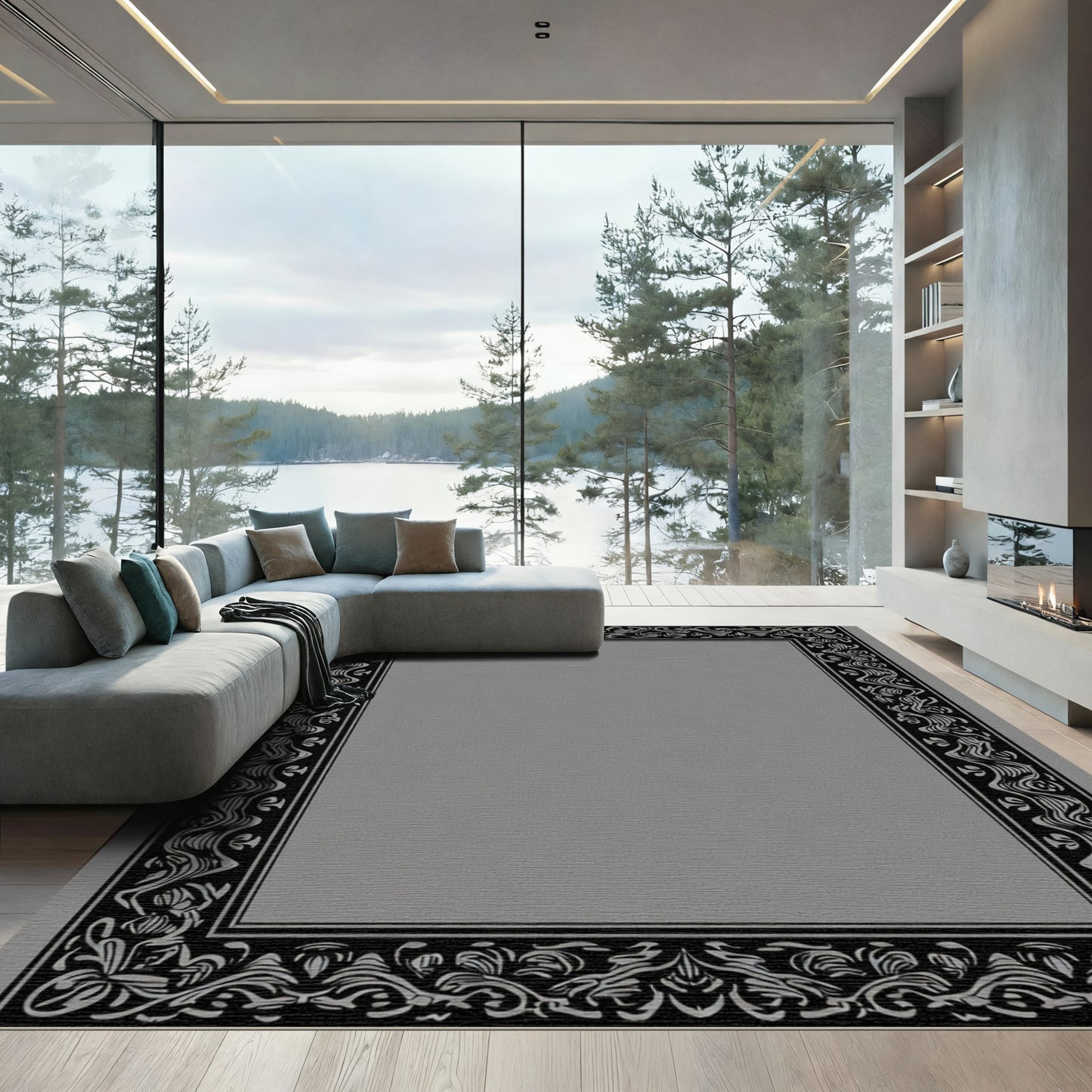 Black Ornate Floral Scrollwork Border Rug