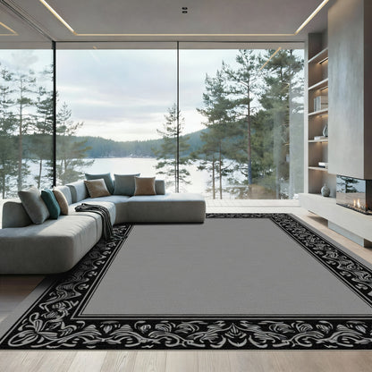 Black Ornate Floral Scrollwork Border Rug