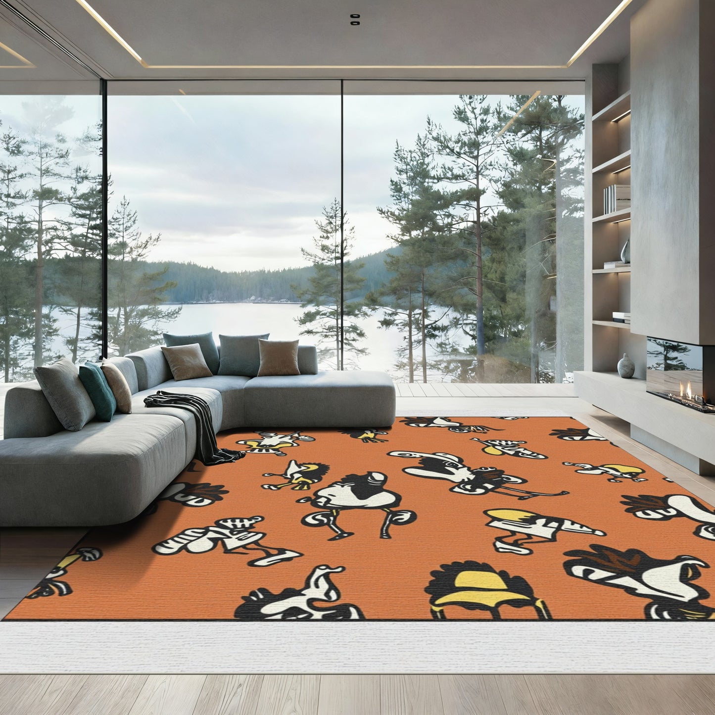 Whimsical Creatures Orange Abstract Artwork Rug