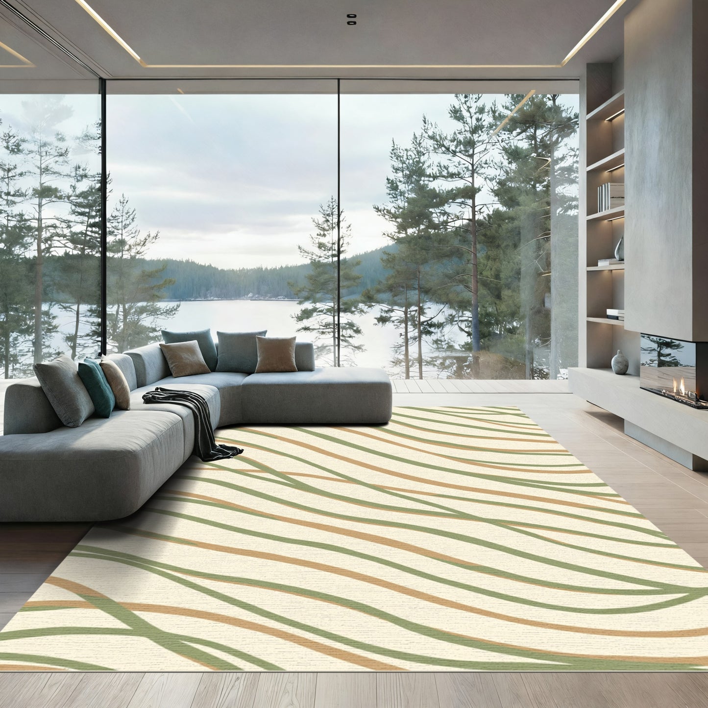 Earthy Green Brown Wavy Stripe Rug