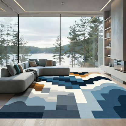 Abstract Blue Ochre Wave Collage Rug