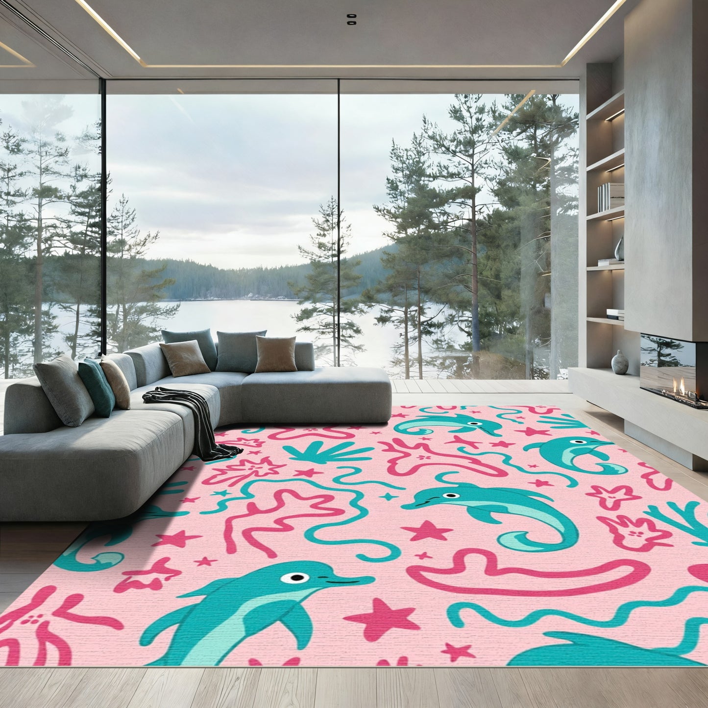 Playful Pink Teal Dolphin Aquatic Scene Rug