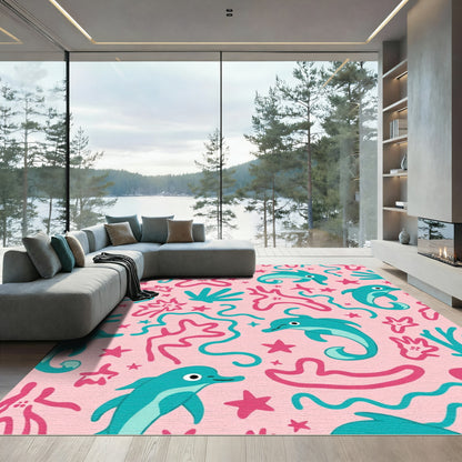 Playful Pink Teal Dolphin Aquatic Scene Rug