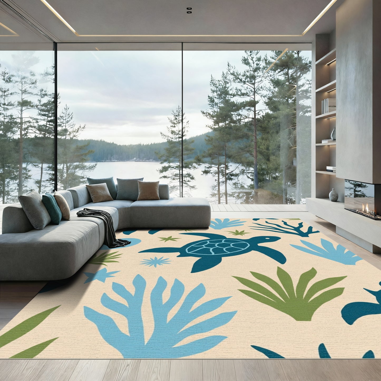 Navy Blue Turtle Coral Garden Rug