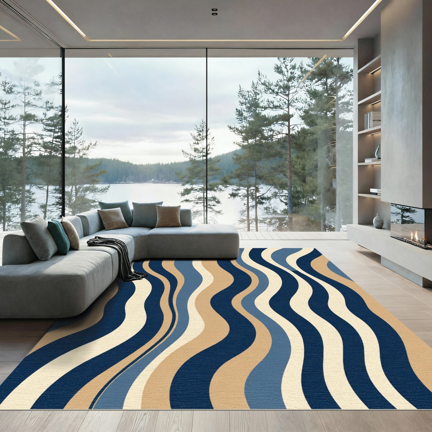 Retro Wavy Stripe Blue Tan Rug