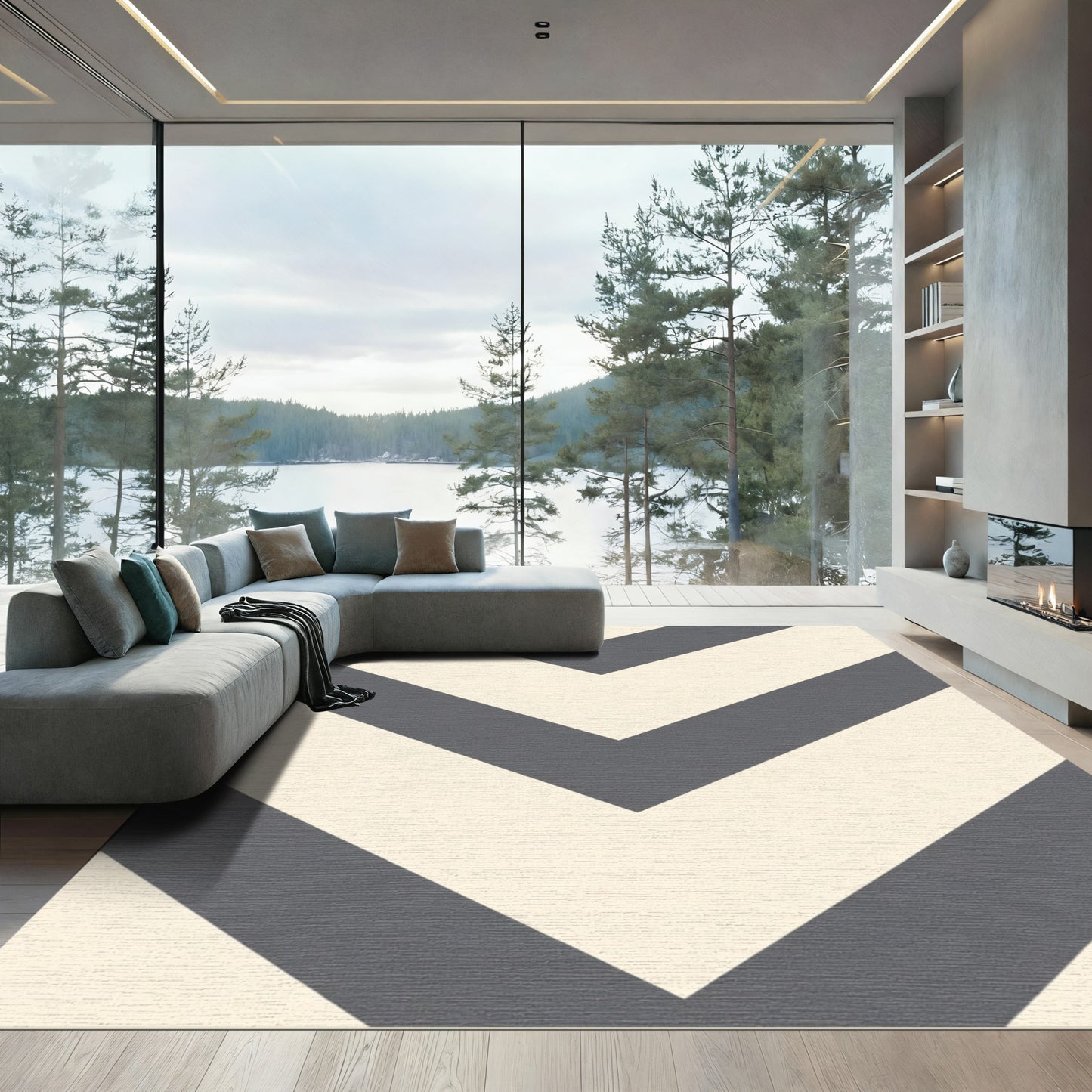 Modern Charcoal Chevron Cream Rug