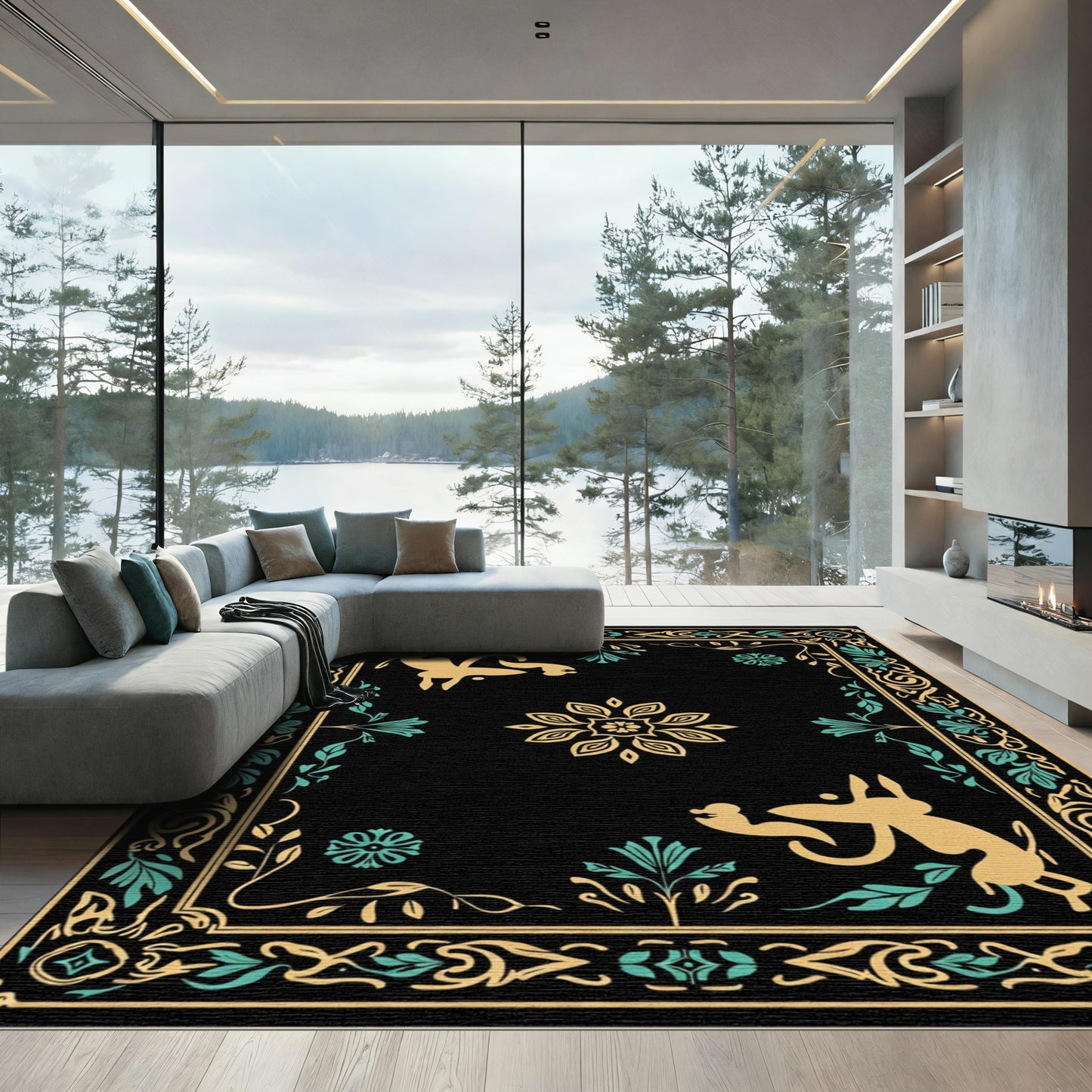 Golden Yellow Mythical Creatures Black Rug