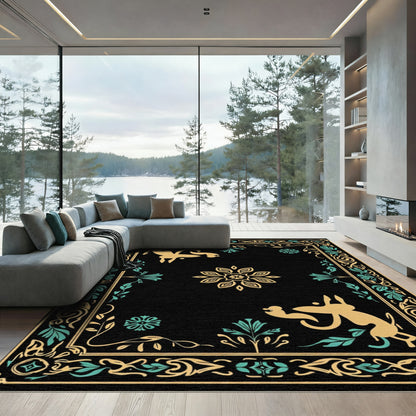 Golden Yellow Mythical Creatures Black Rug