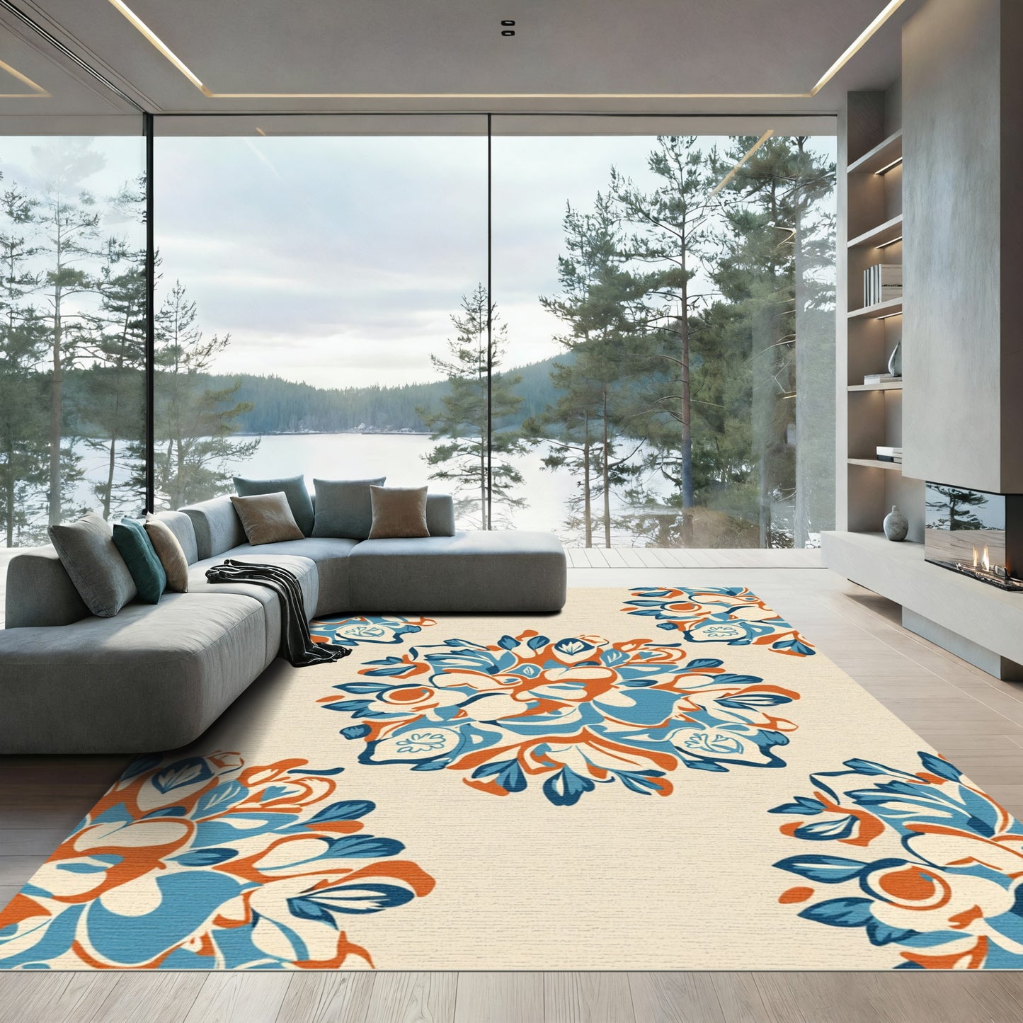 Orange Blue Floral Burst Pattern Rug