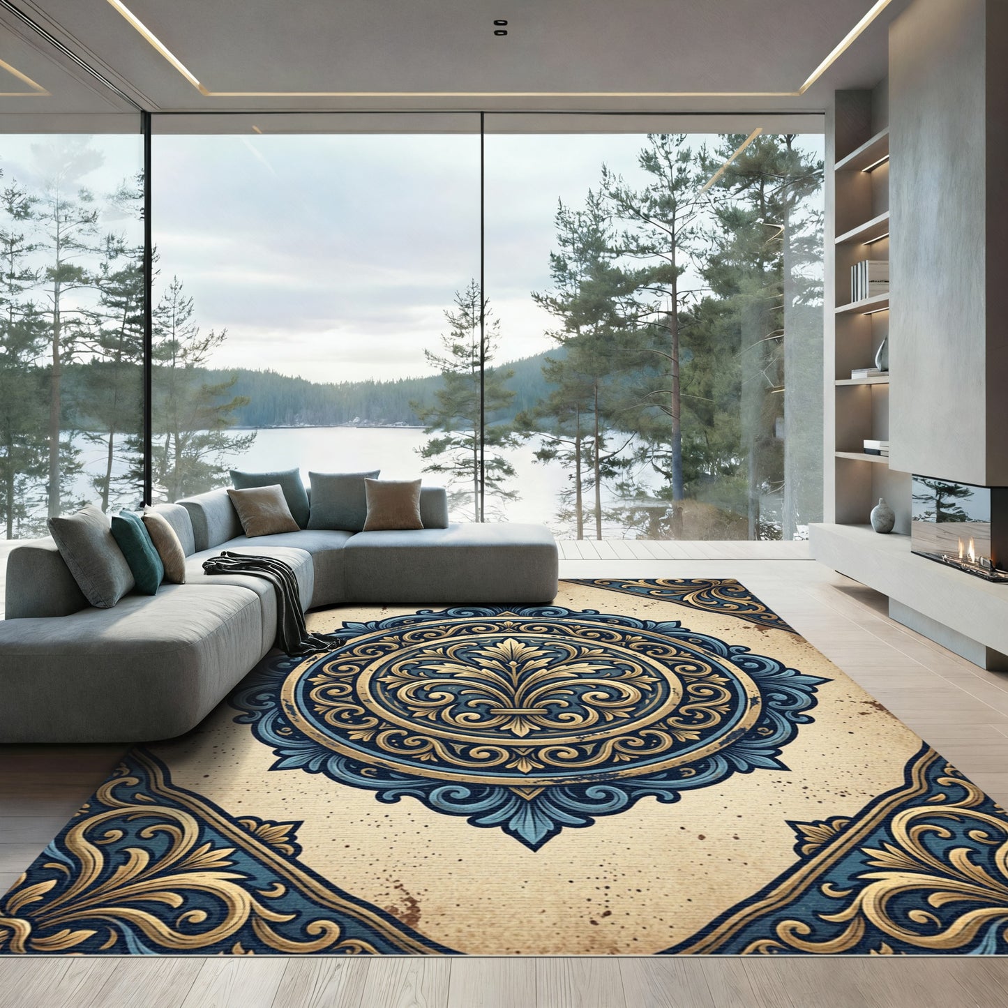 Azure Gold Ornate Emblem Rug
