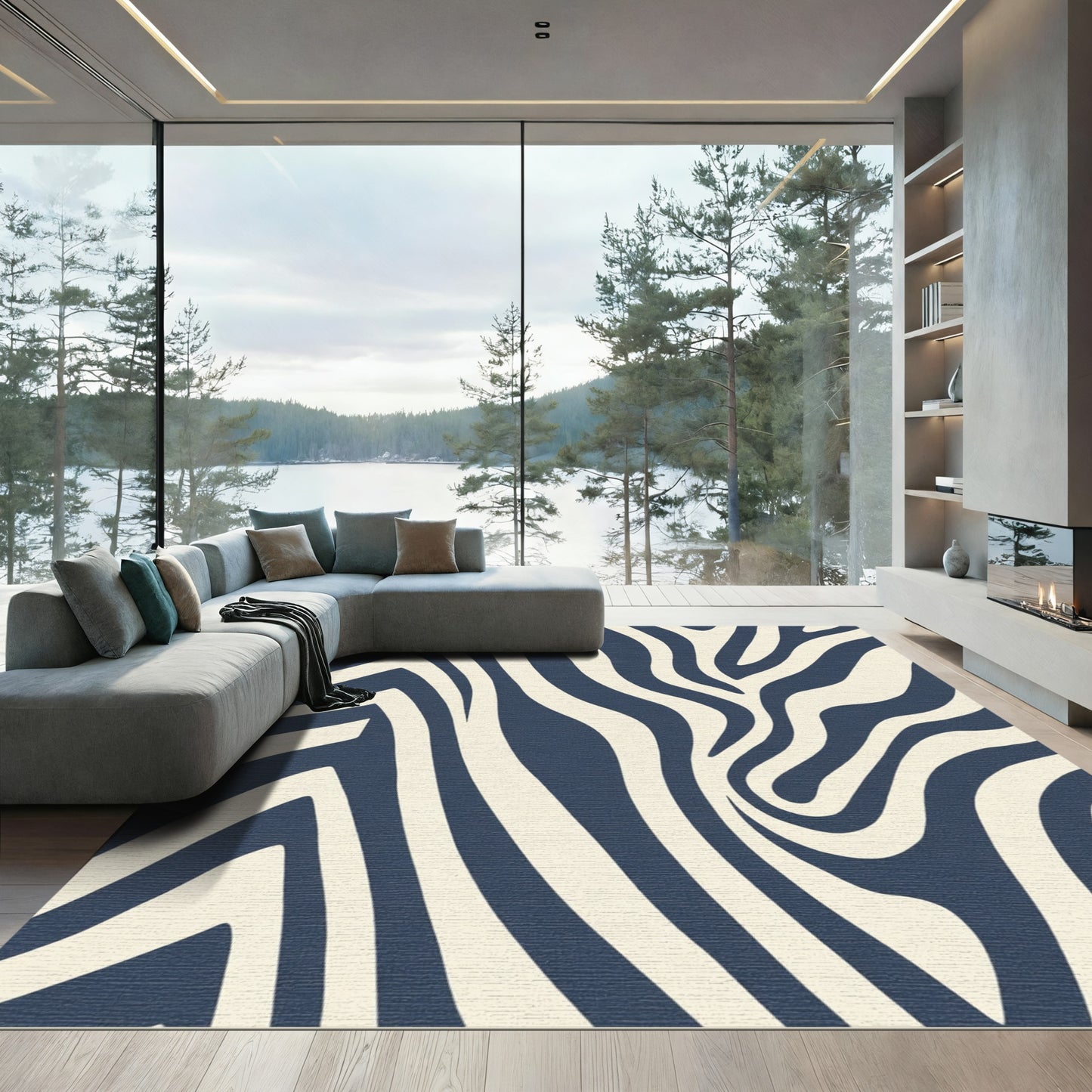 Navy Cream Animal Print Waves Rug