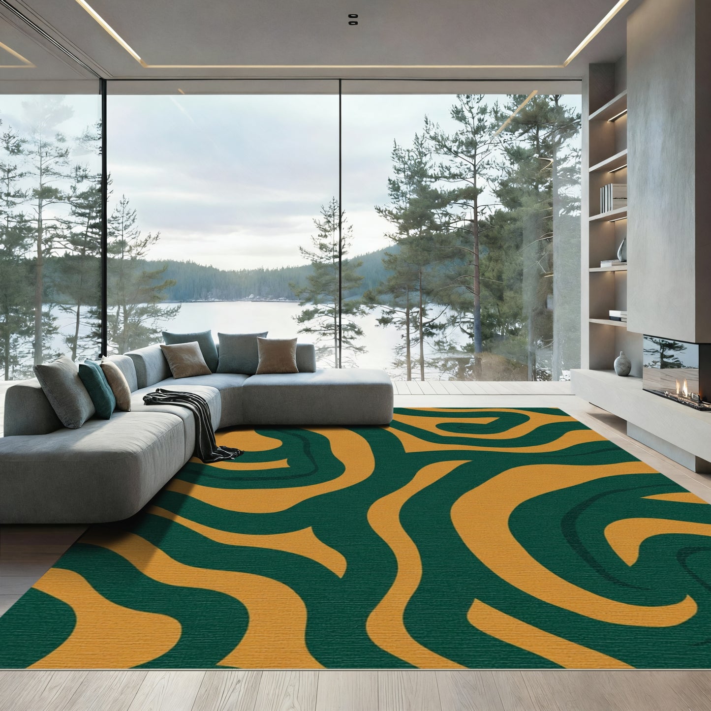 Gold Emerald Swirl Abstract Rug
