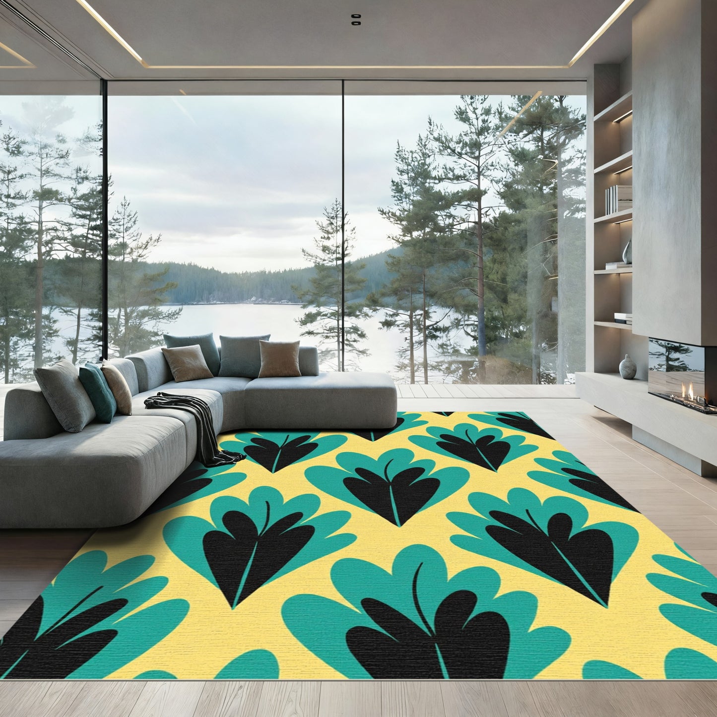 Yellow Teal Black Abstract Leaf Pattern Rug