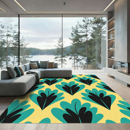 Yellow Teal Black Abstract Leaf Pattern Rug