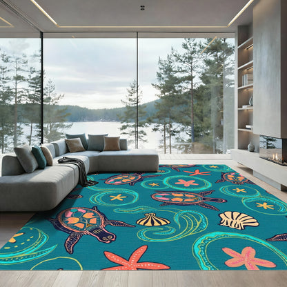 Teal Ocean Turtle Shell Starfish Swirls Rug