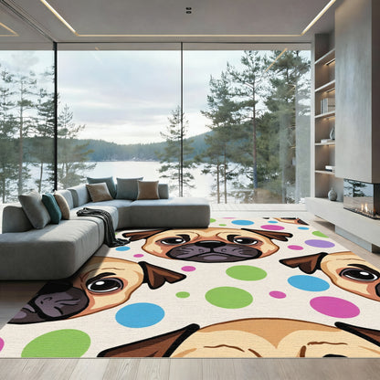 Playful Pug Heads Polka Dot Background Rug