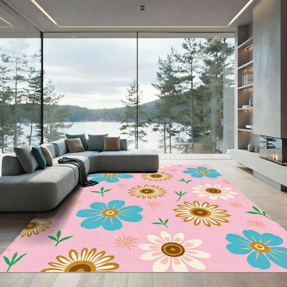 Retro Blue Yellow Daisy Garden Rug