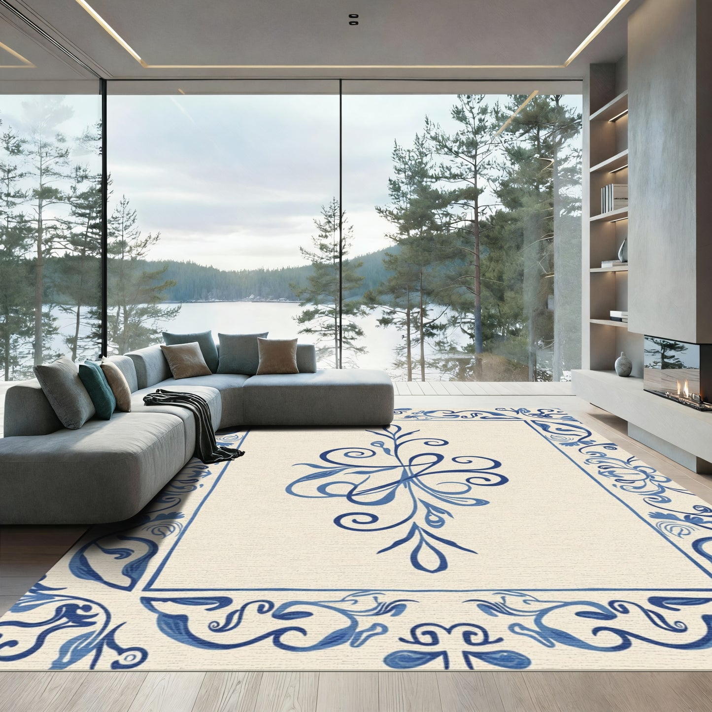 Traditional Blue Floral Center Medallion Rug