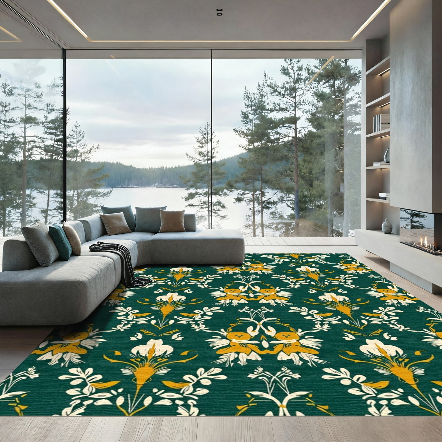 Emerald Golden Floral Cherub Rug
