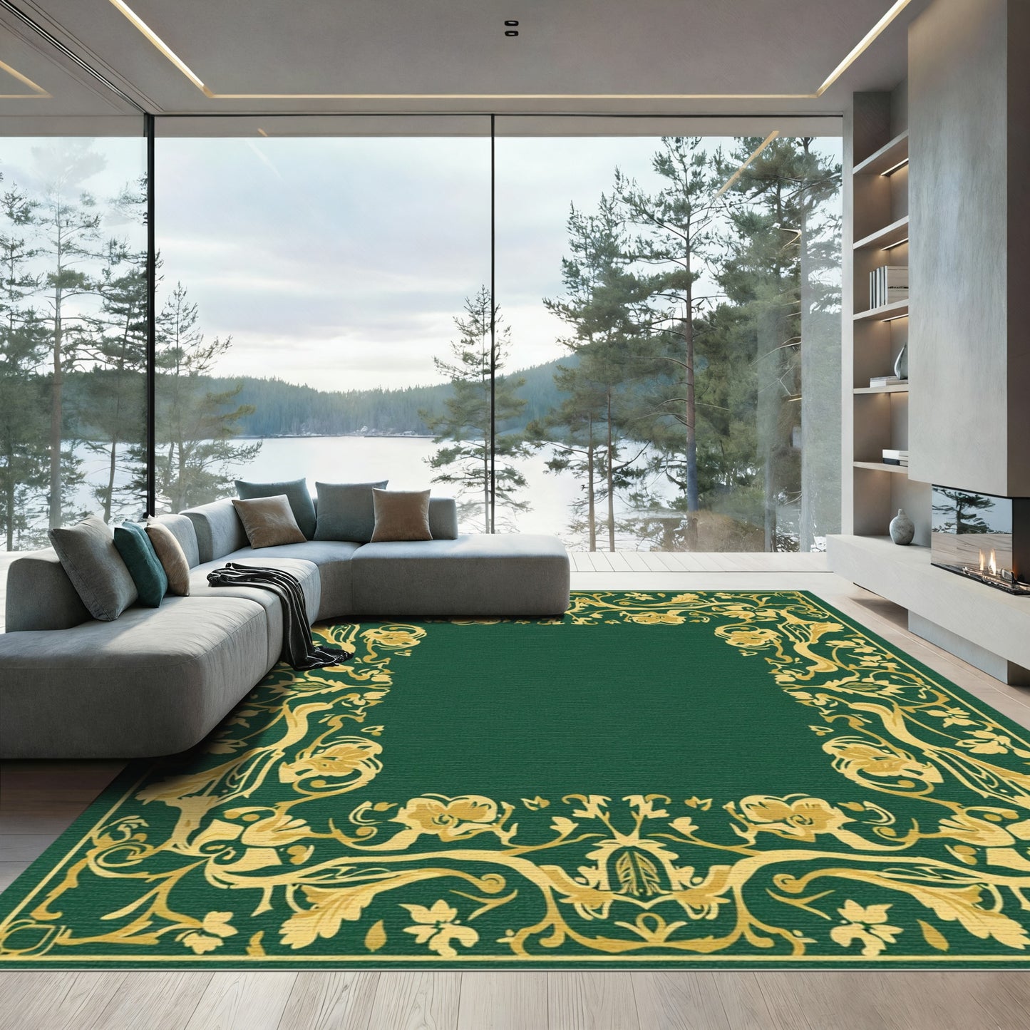 Emerald Gold Floral Vine Border Rug