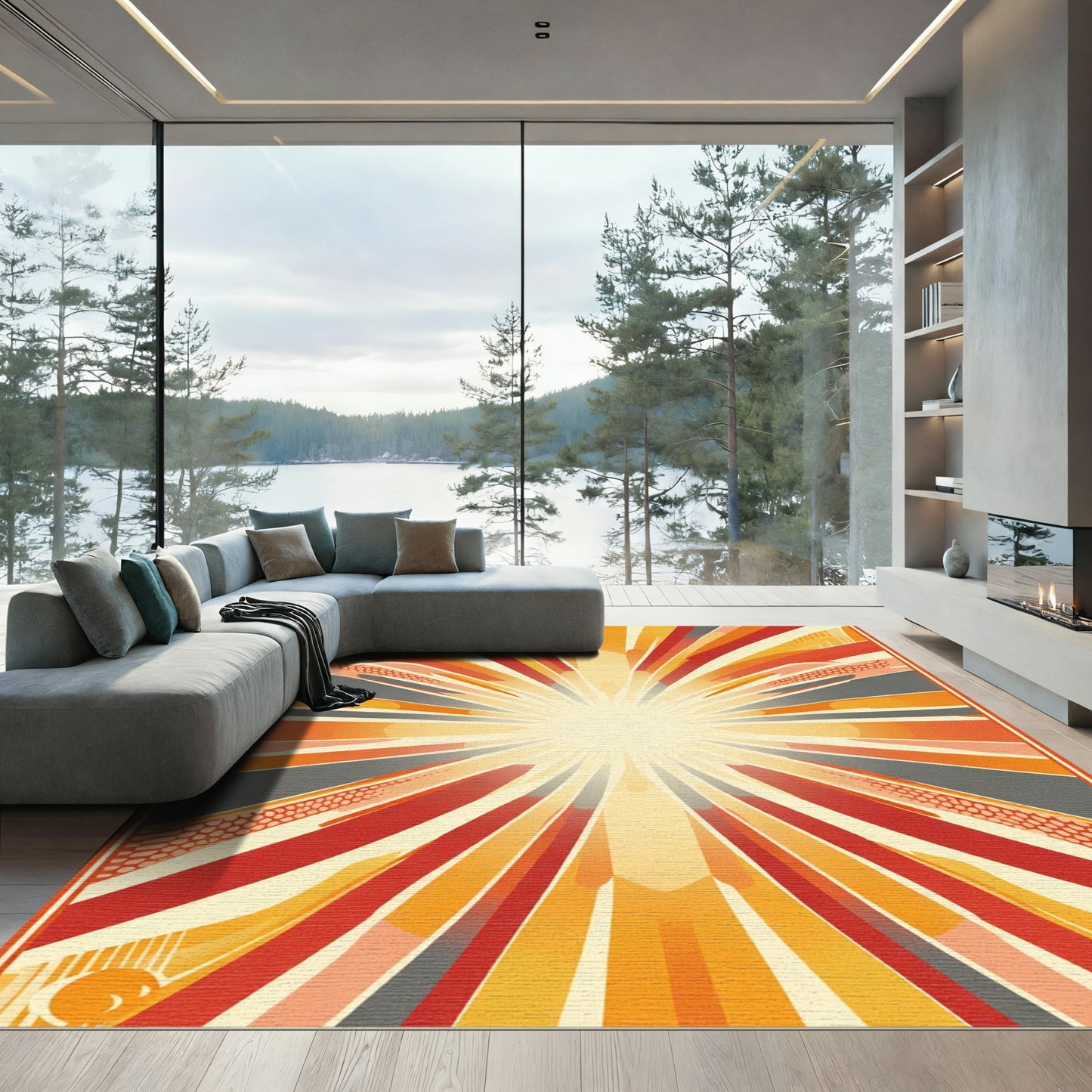 Retro Sunburst Red Orange Rays Rug