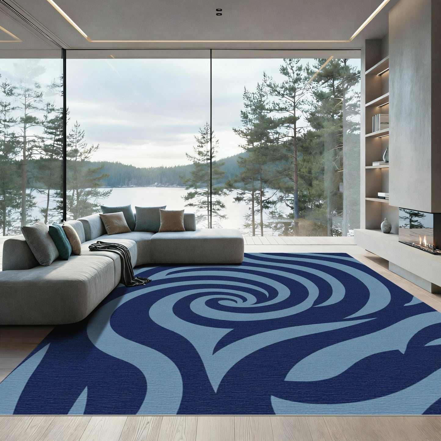 Deep Blue Swirls Composition Rug