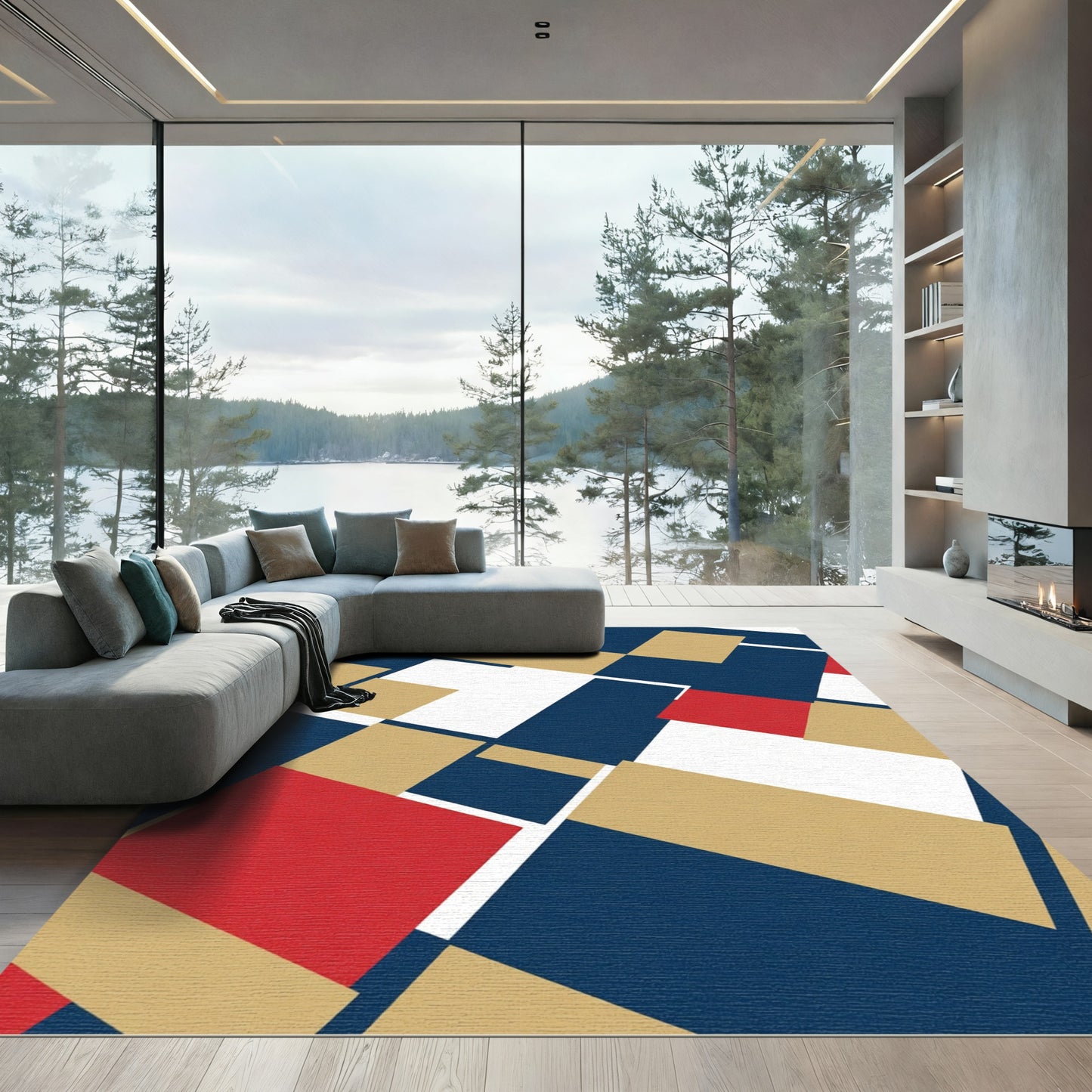 Red Blue Gold Rectangular Overlap Rug