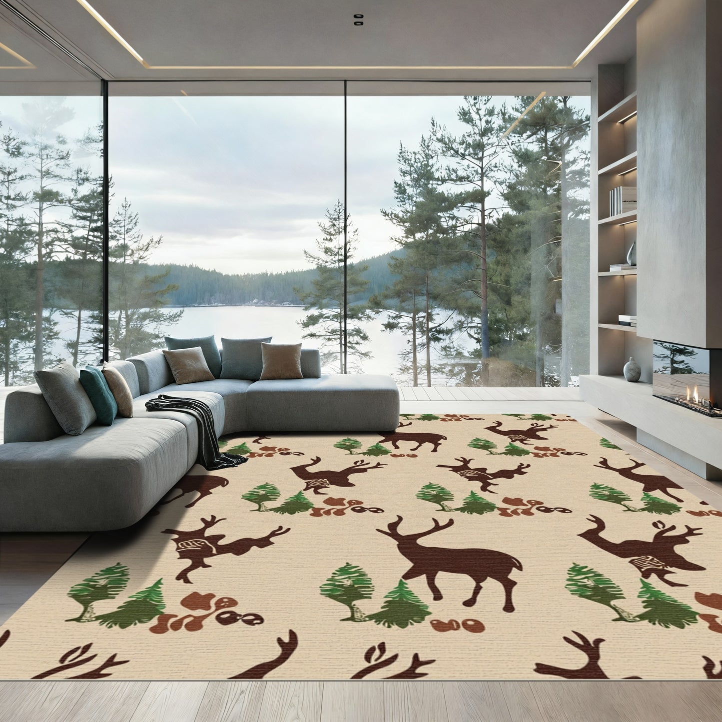 Woodland Deer And Forest Silhouette Pattern Rug