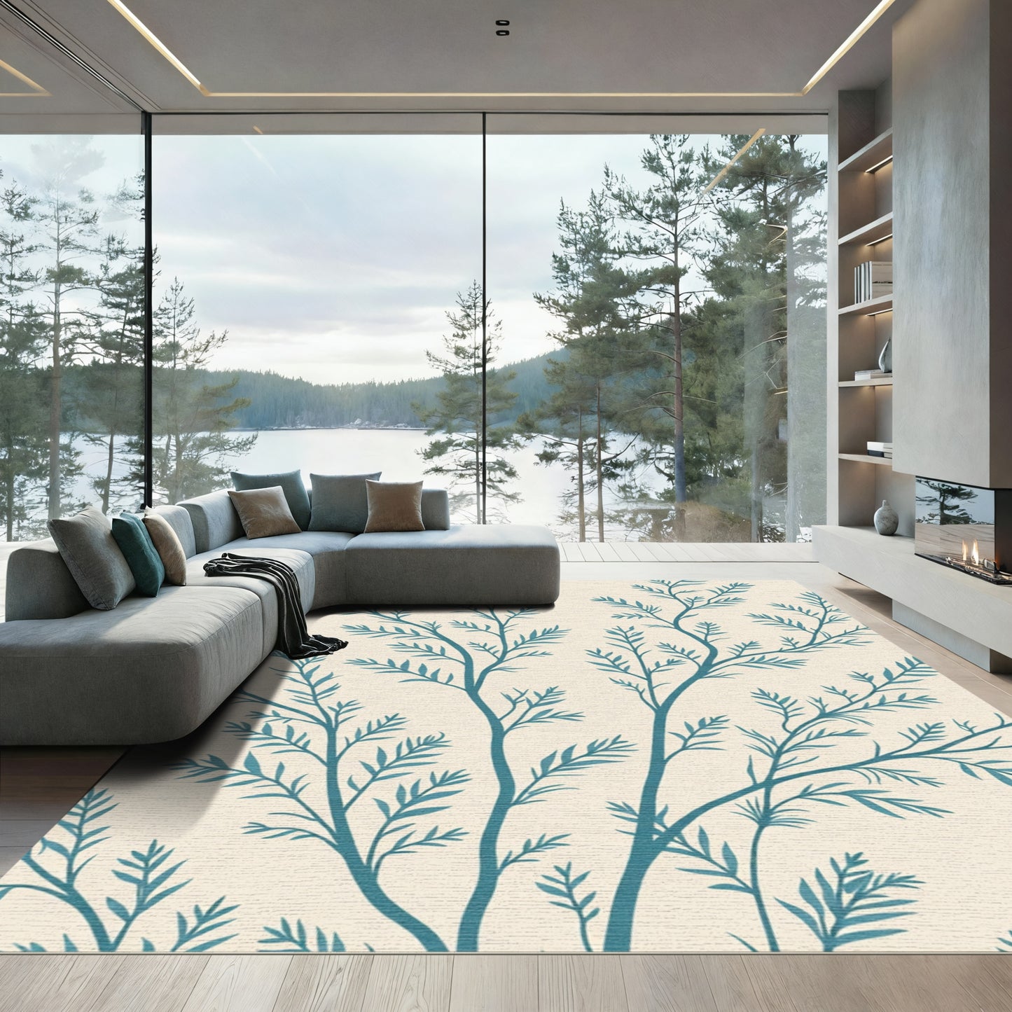Teal Branch Fern Pattern Rug