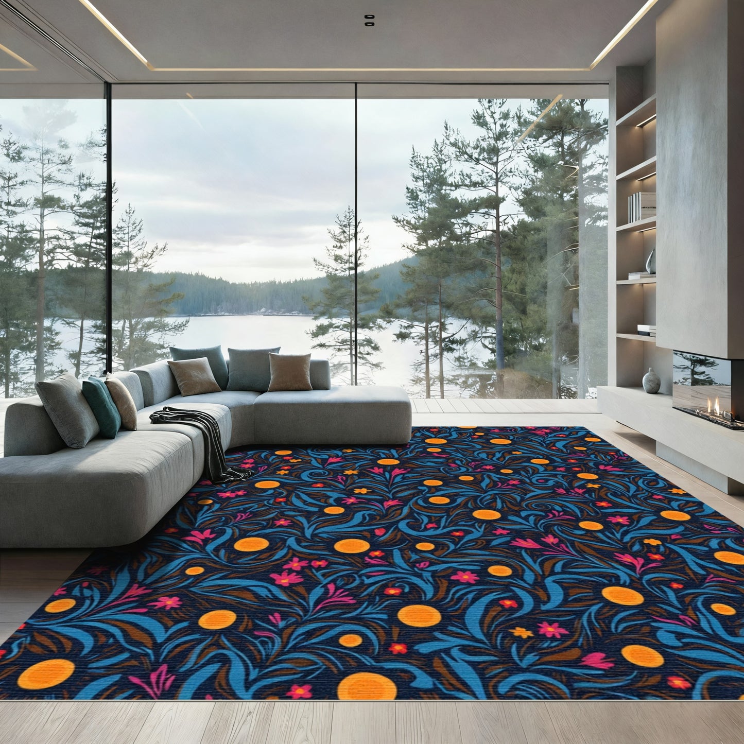 Orangey Dots Blue Floral Swirls Rug