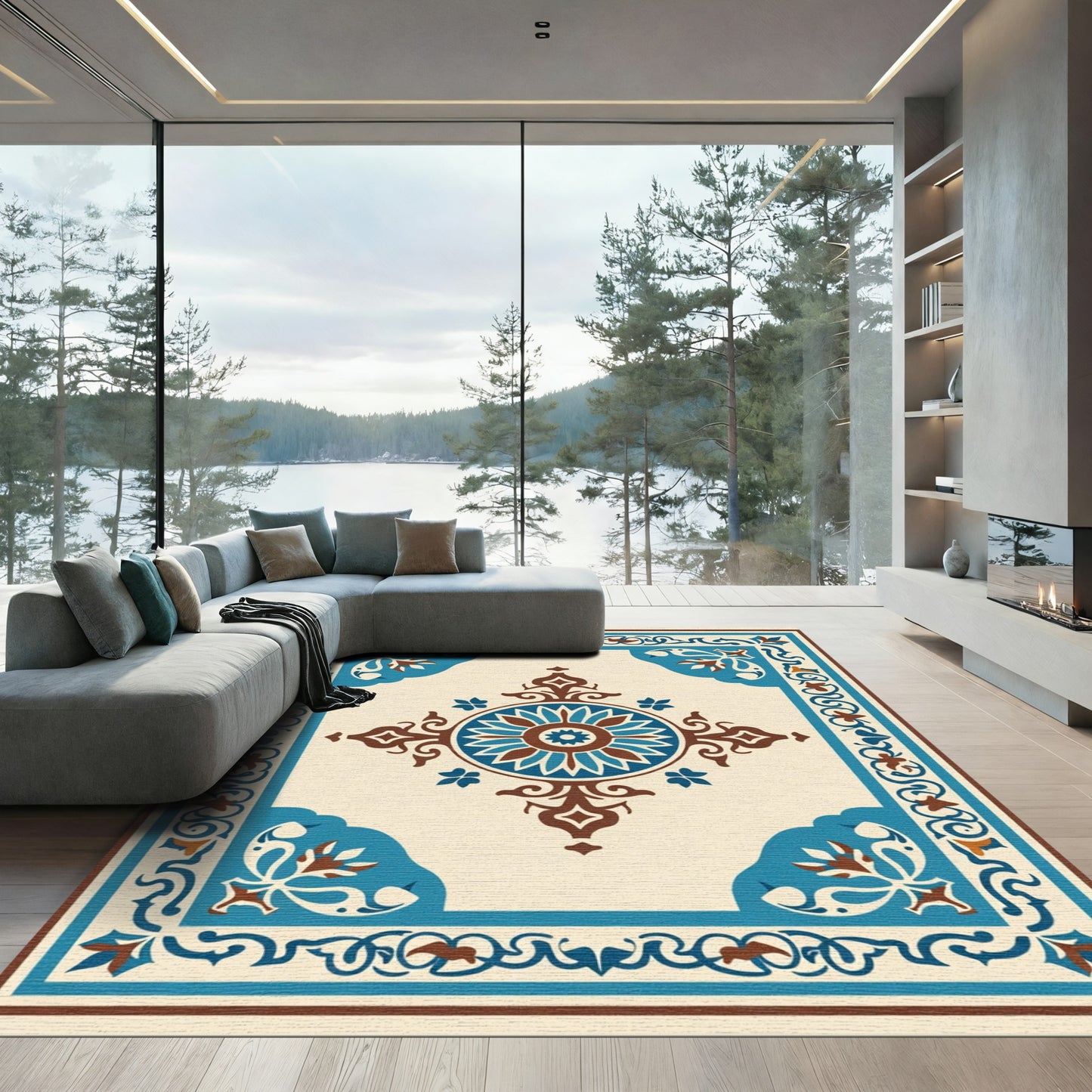 Teal Brown Ivory Medallion Border Rug