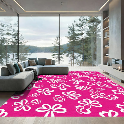 Bright Pink White Floral Garden Rug
