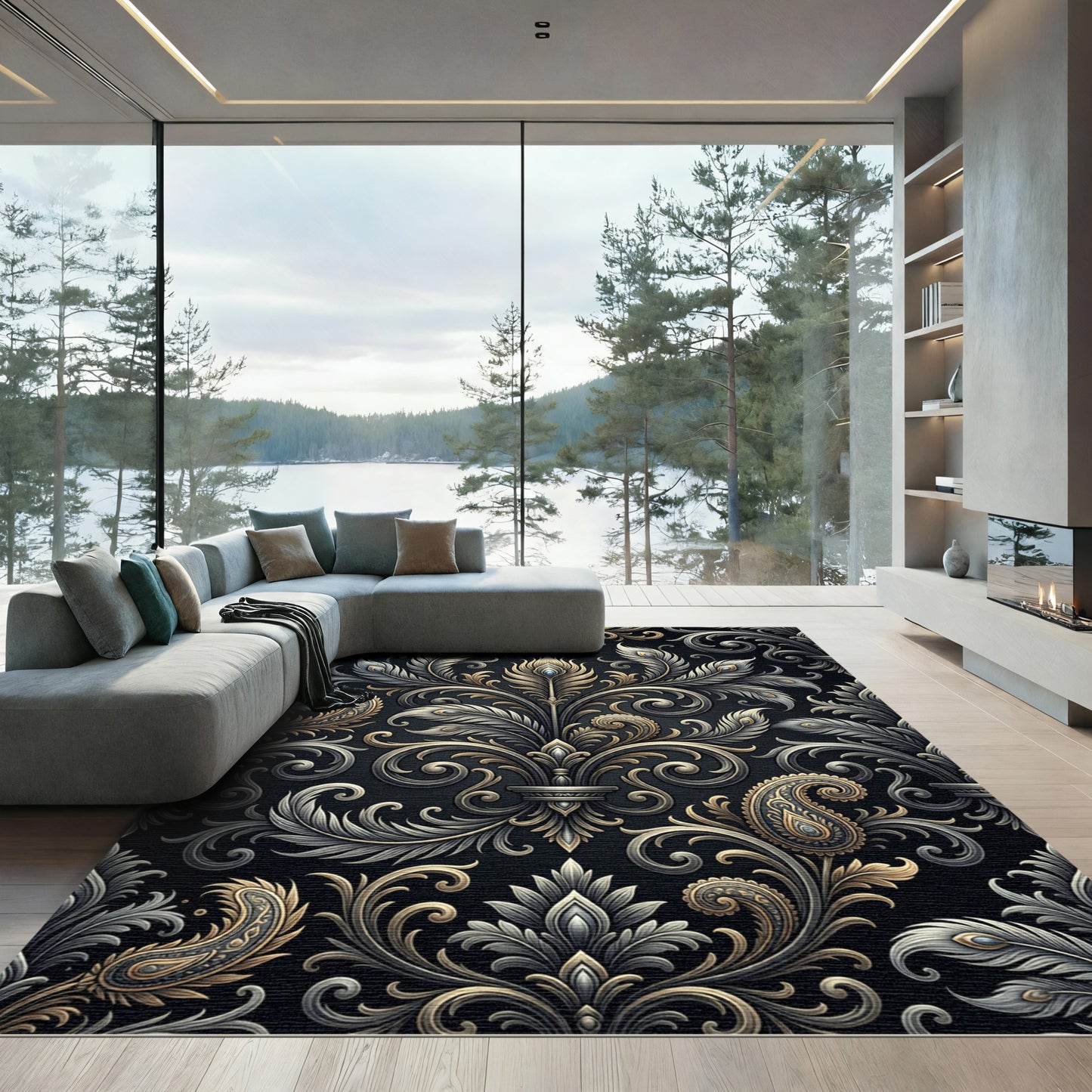 Ornate Golden Paisley Feather Scroll Rug