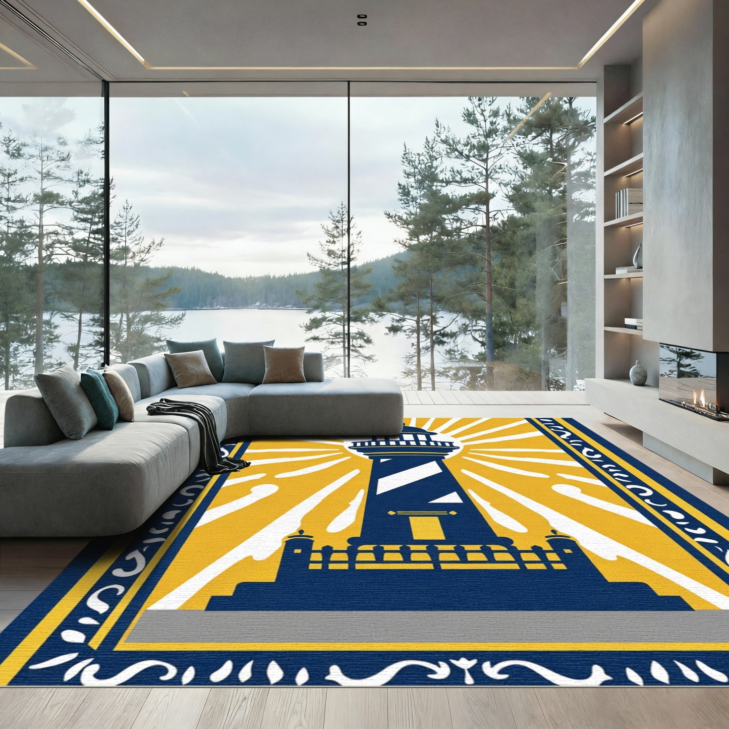 Bold Navy Blue Sunburst Lighthouse Rug