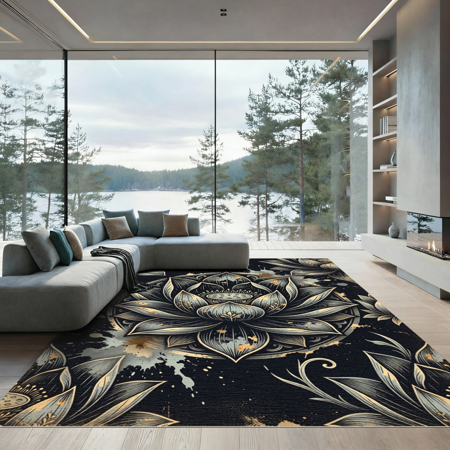 Black Lotus Mandala Metallic Splatter Rug