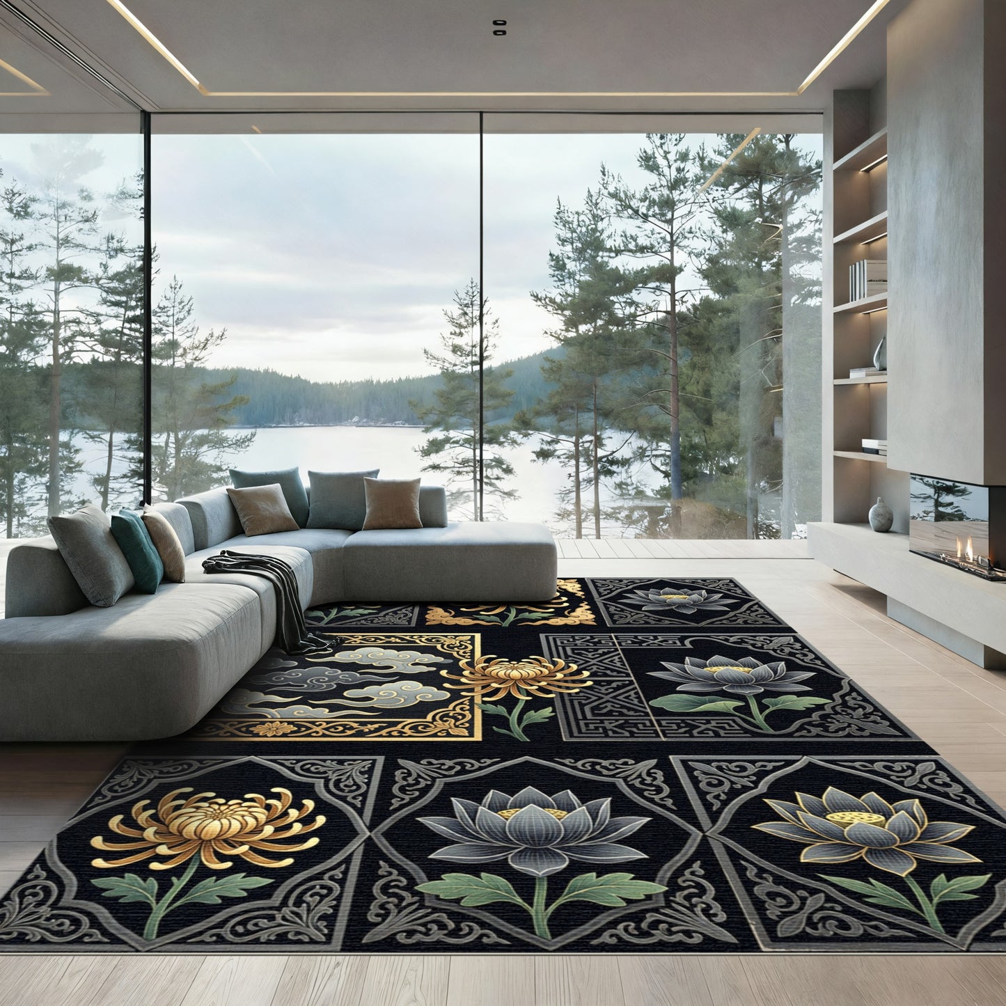 Golden Chrysanthemum Lotus Square Harmony Rug