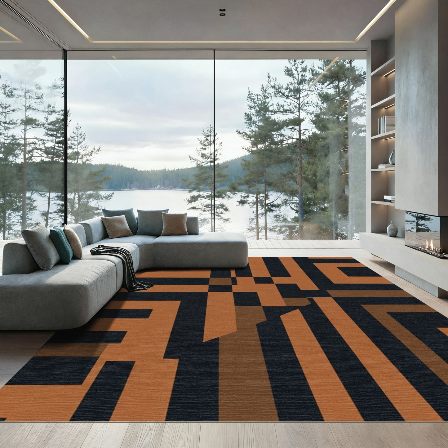 Terracotta Black Geometric Abstraction Rug