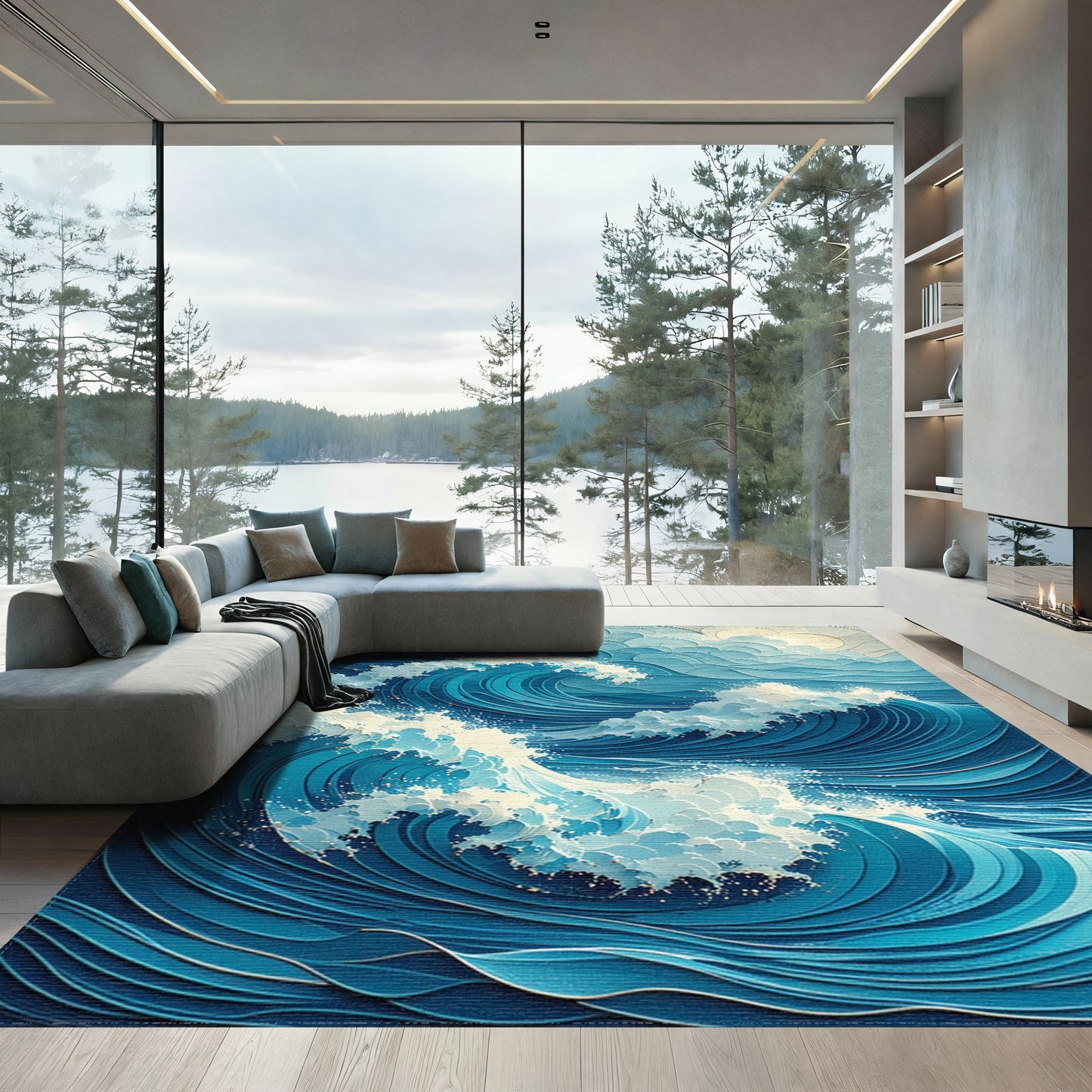 Foamy Layered Blue Waves Rug