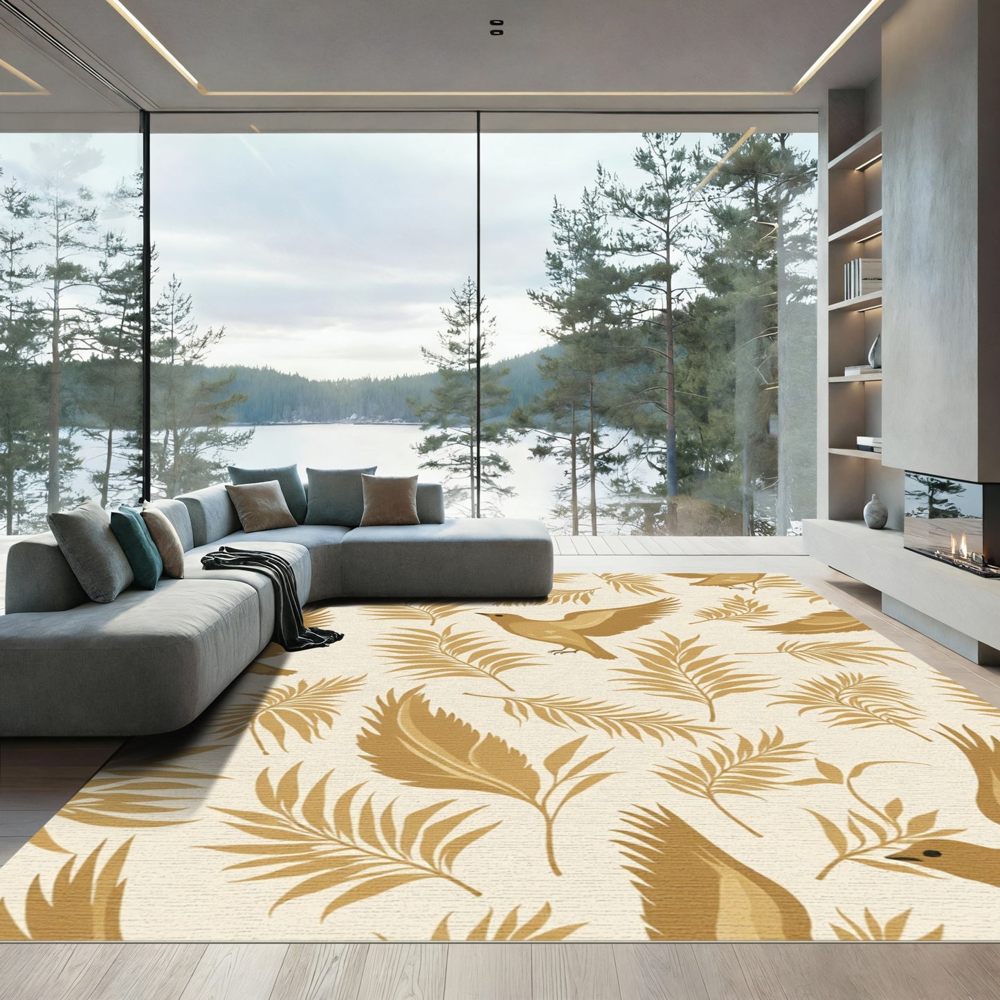 Golden Birds Tropical Leaf Pattern Rug