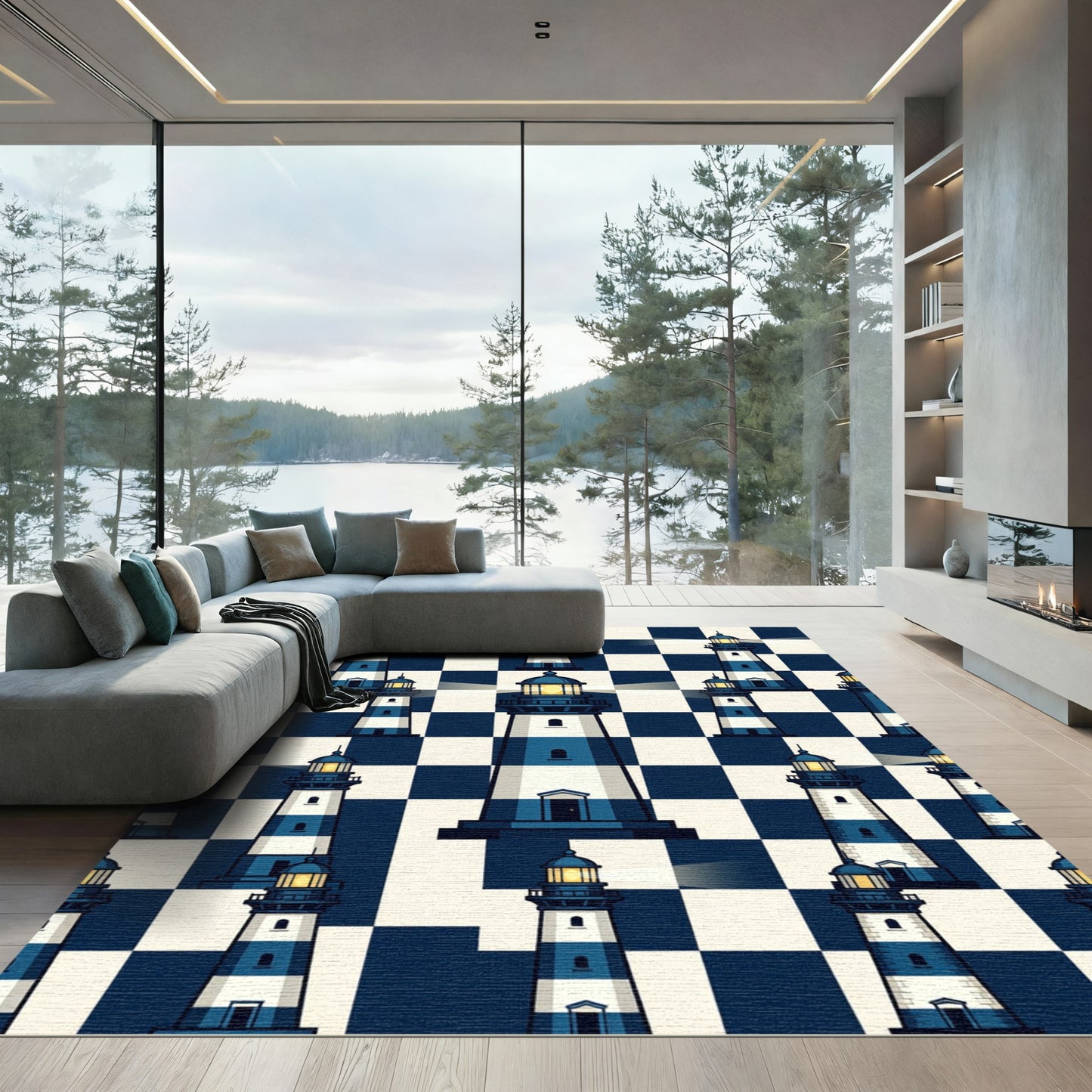 Nautical Blue White Lighthouse Chessboard Rug