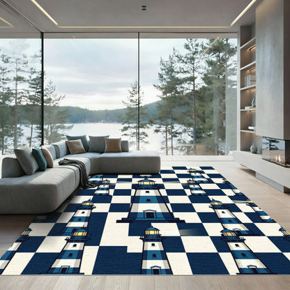 Nautical Blue White Lighthouse Chessboard Rug