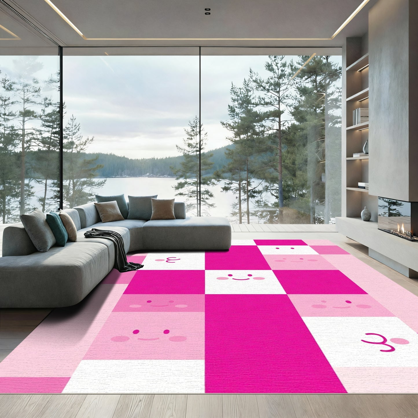 Pink White Checkered Cheerful Faces Rug