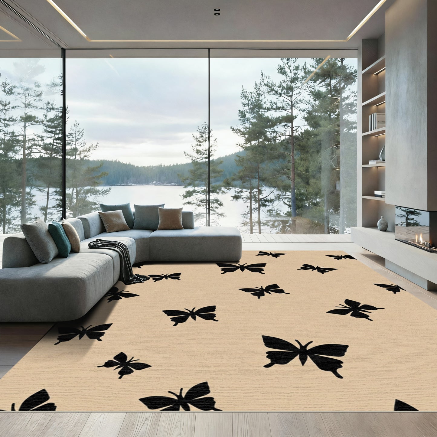 Black Butterfly Pattern On Beige Rug