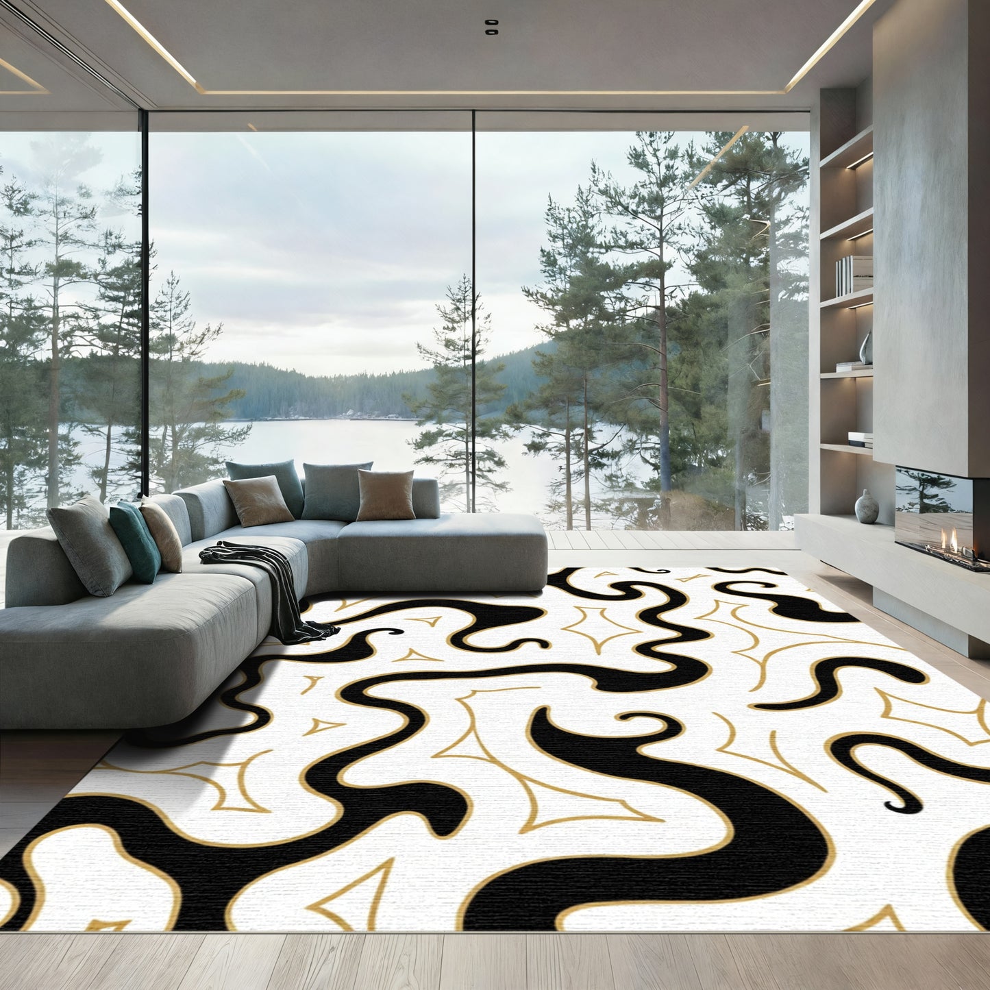 Black Gold Abstract Swirls Rug