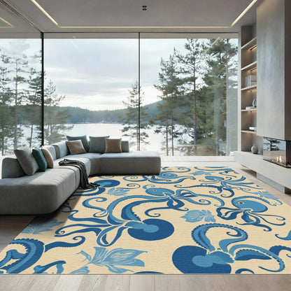 Blue Octopus Swirl Botanical Scene Rug