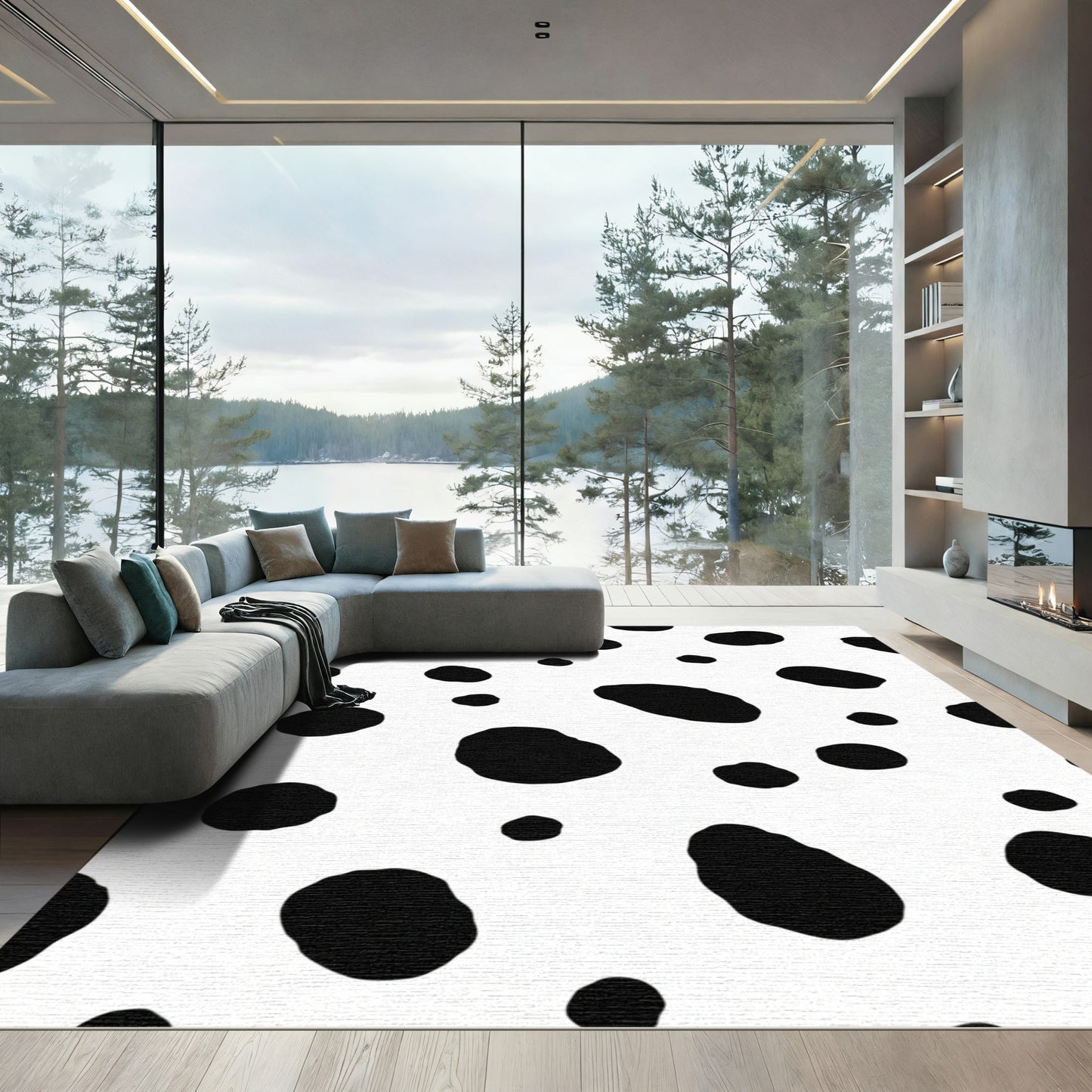 Black White Spotted Irregular Shapes Rug