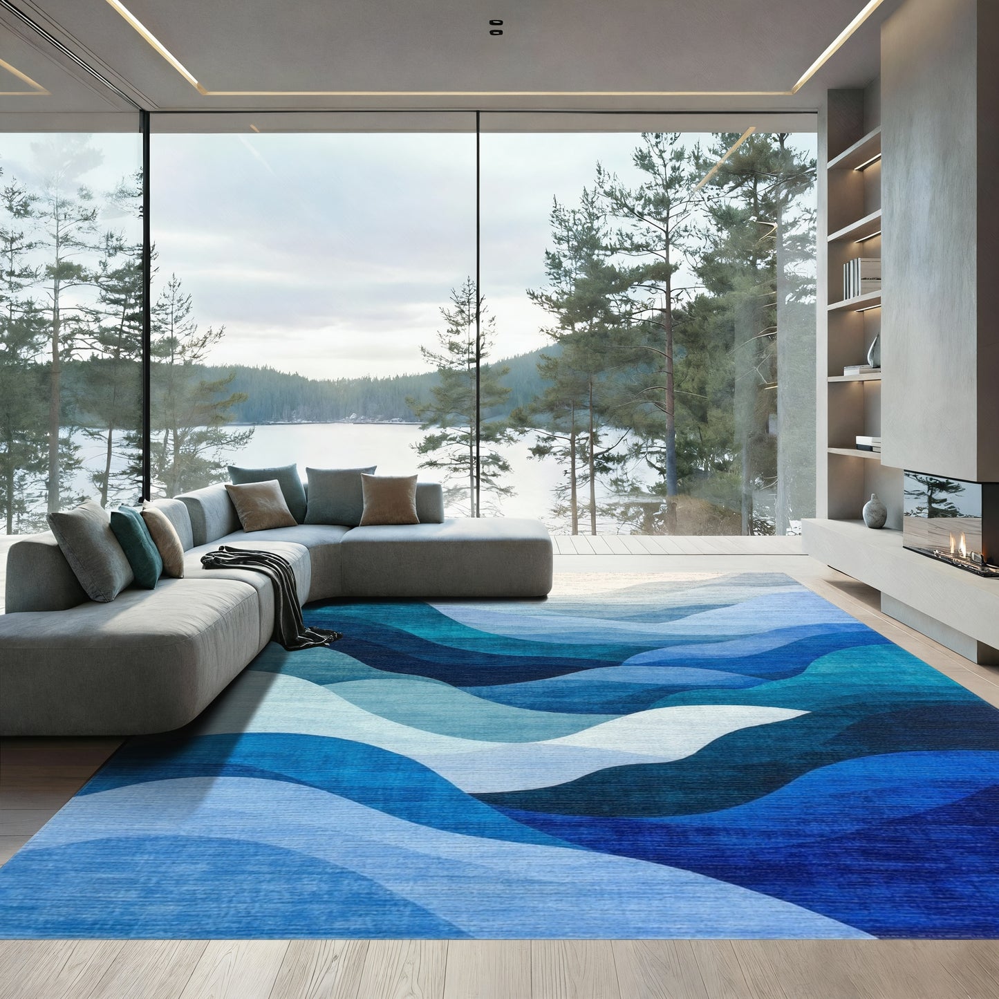 Teal Blue Layered Waves Rug