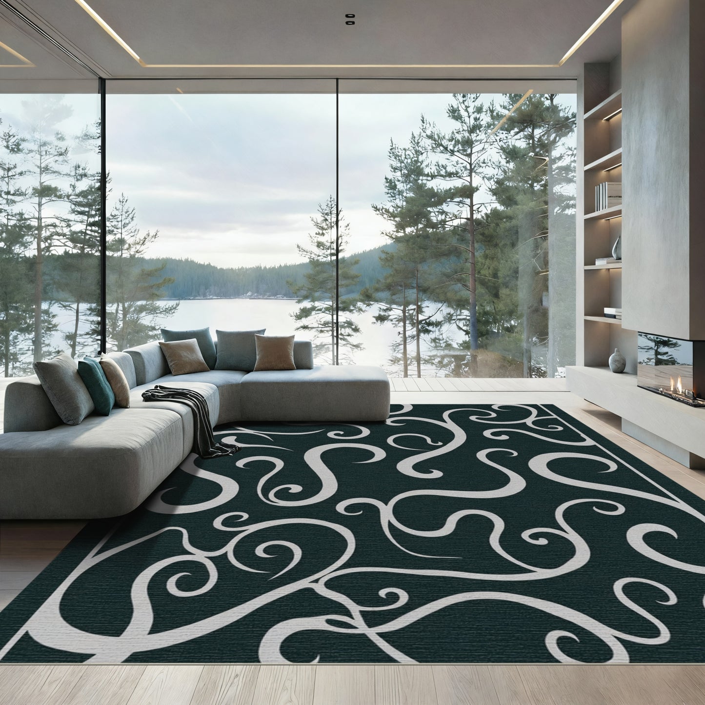 Dark Navy Light Swirl Vine Rug