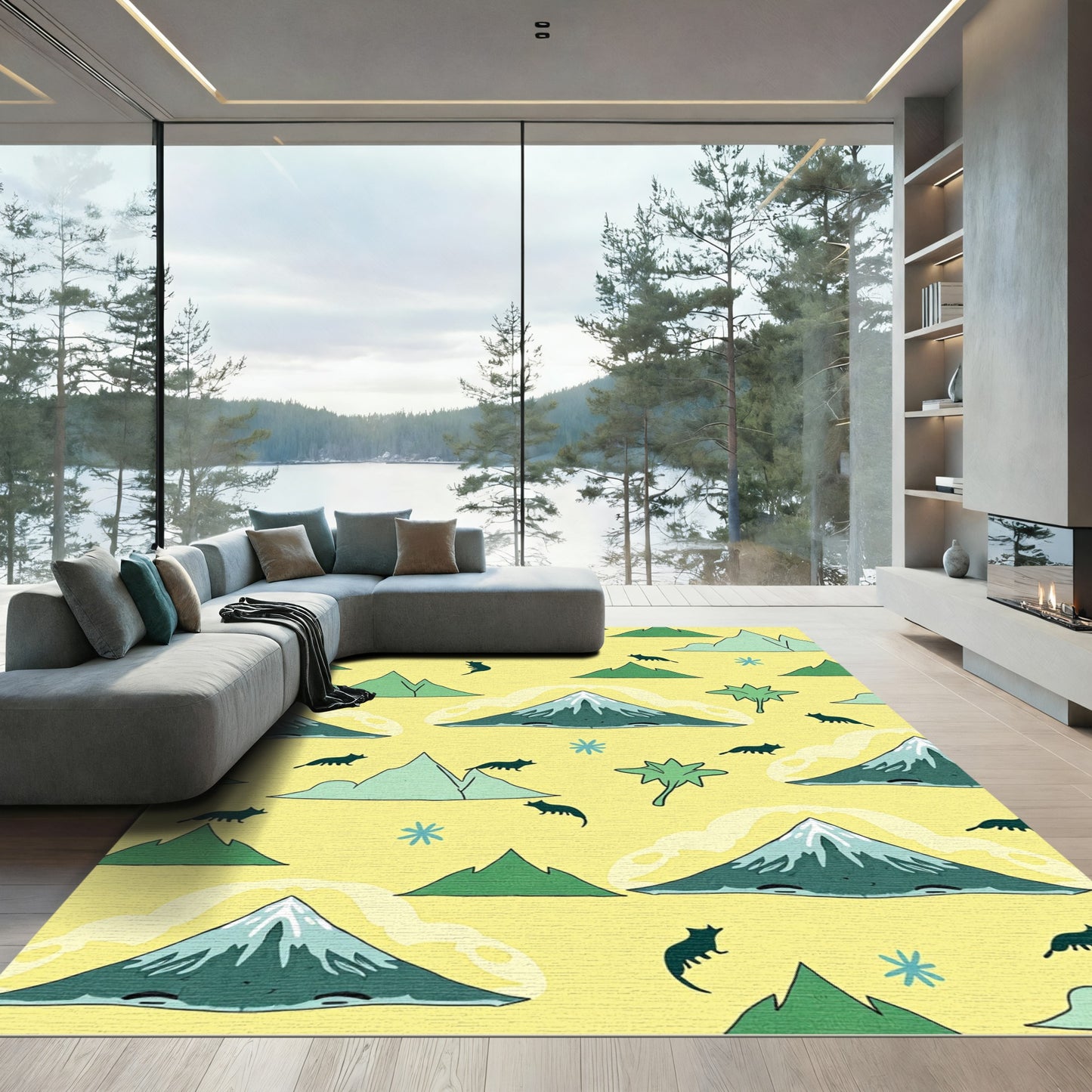 Whimsical Green Mountain Fox Scene Rug